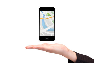 Hand showing map app on phone