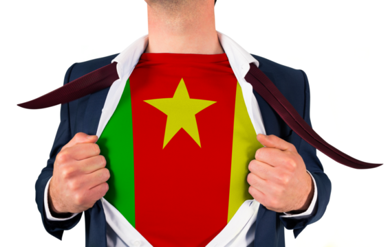 Businessman opening shirt to reveal cameroon flag