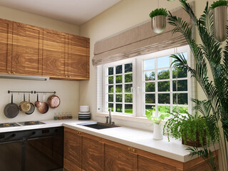 Kitchen design with window 3d render, 3d illustration