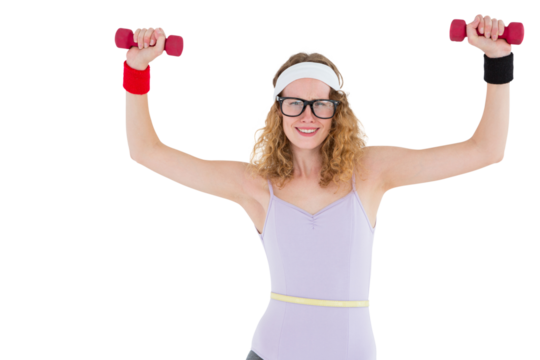 Geeky hipster lifting dumbbells in sportswear - Powered by Adobe