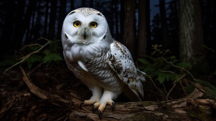 Obraz premium White Owl in the wild at night. Generative AI.
