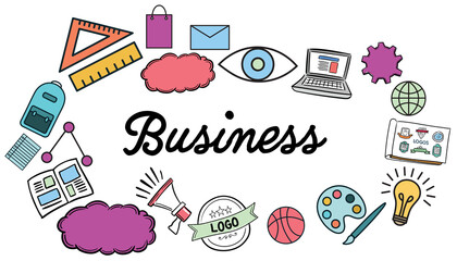 Multi colored business text surrounded by various icons