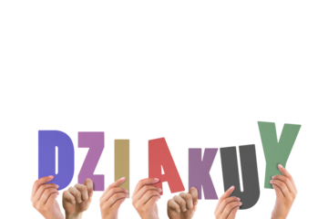 Colorful alphabet spelling thank you in Belarusian held up by people