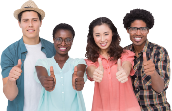 Stylish friends smiling at camera together