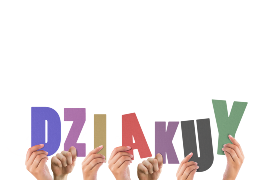 Colorful alphabet spelling thank you in Belarusian held up by people 