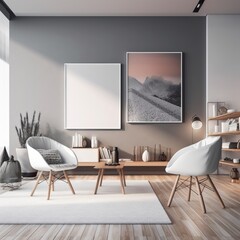 Clear White Poster Wall Modern Interior Mockup - generative AI	