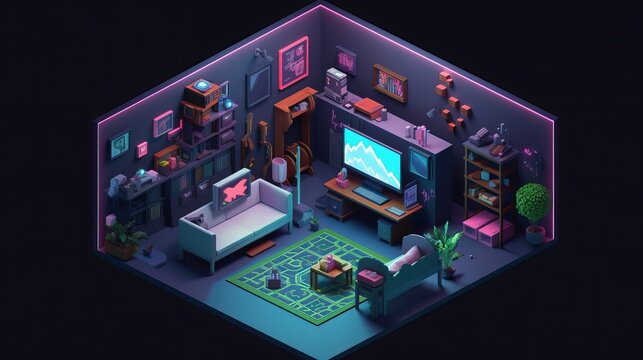 Isometric 32-bit Gaming Room Illustration - generative AI	