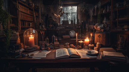 A wizard's room with books on the table. Interior of the room. AI generated