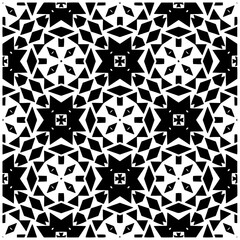 Dark background with abstract shapes. Black and white texture. Seamless monochrome repeating pattern for web page, textures, card, poster, fabric, textile.