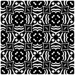 Dark background with abstract shapes. Black and white texture. Seamless monochrome repeating pattern for web page, textures, card, poster, fabric, textile.