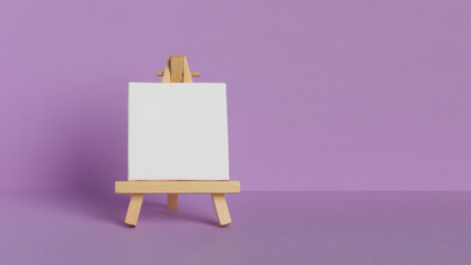 Mini painting on an easel on a purple background.