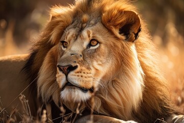 Fototapeta premium a picture of a majestic male lion lying down in Kenya's Maasai Mara reserve. Generative AI