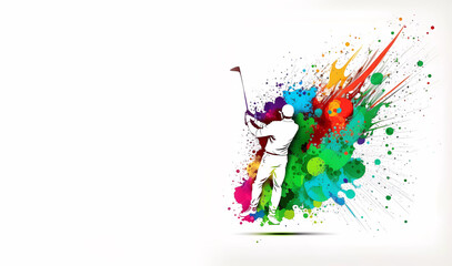 Fototapeta na wymiar Golf. Golf game. Splash of colors. The man plays golf. Banner. Generative AI