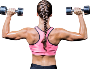 Rear view of braided hair woman exercising dumbbells