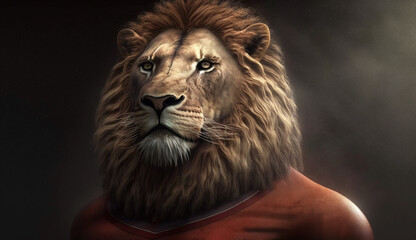 the lion wearing red football shirt. side view