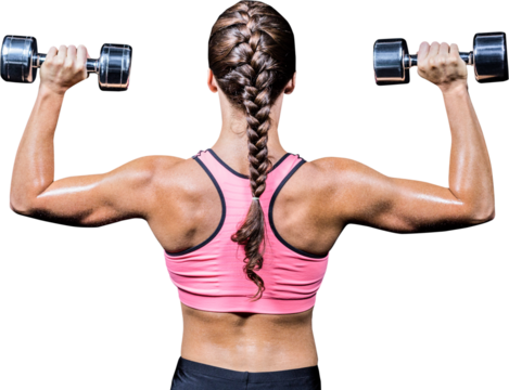 Rear view of braided hair woman exercising dumbbells