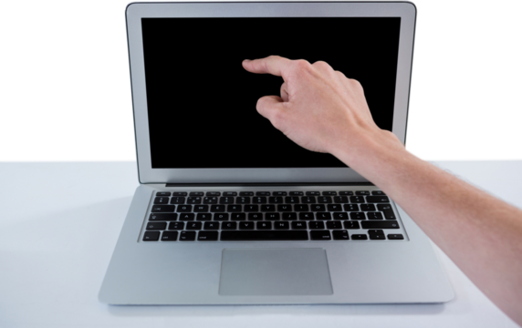 Man pointing at laptop on desk - Powered by Adobe