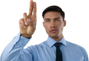 Young businessman touching invisible screen