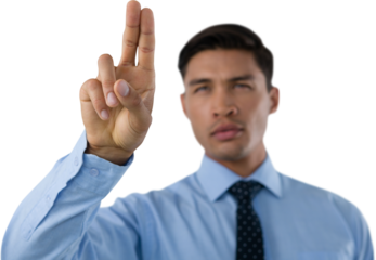 Young businessman touching invisible screen