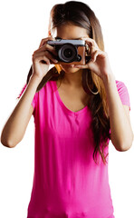 Smiling asian woman taking picture with camera