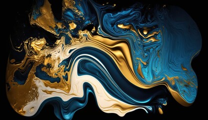 Gold and navy blue marble abstract background, watercolor paint texture