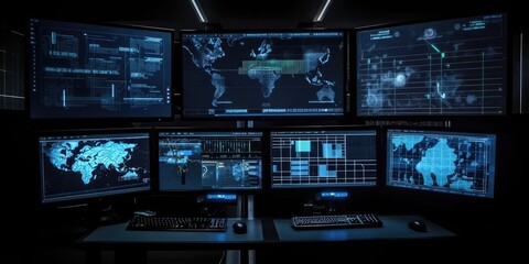 Fototapeta premium System Control Center, world maps on monitors. Control and Monitoring Center. AI generated