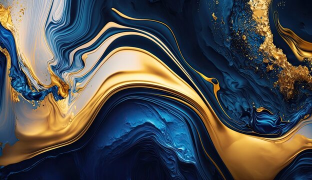 Gold and navy blue marble abstract background, watercolor paint texture