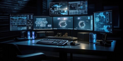 Fototapeta premium A digital computer with a map in a modern monitoring office. AI generated