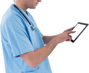 Surgeon using futuristic digital tablet