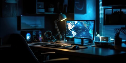 Fototapeta premium A digital computer with a map in a modern monitoring office. AI generated