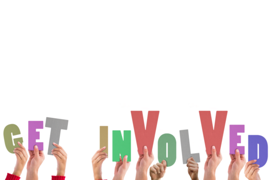 Hands holding up get involved - Powered by Adobe