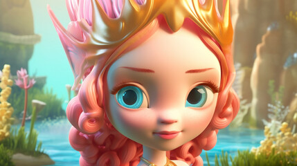 Fototapeta na wymiar Cute Cartoon Mermaid with pink hair. beautiful blue eyes and long pink hair