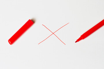 Red marker with a cap. On a white background. Prohibition sign. cross