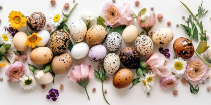 Easter eggs and flowers on a white background , top view. The concept of the Easter holiday. AI generated