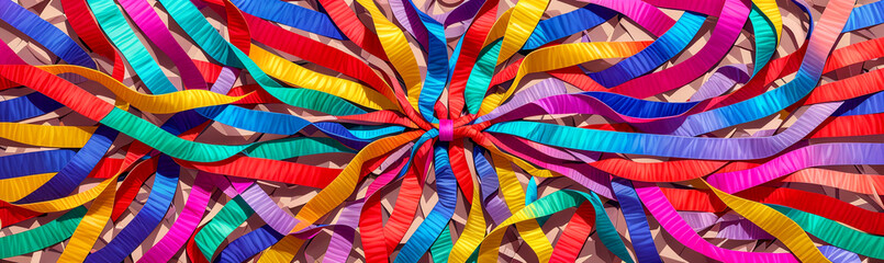 Fototapeta premium Abstract background of intertwined colored silk or paper ribbons. Colorful illustration. Generative AI