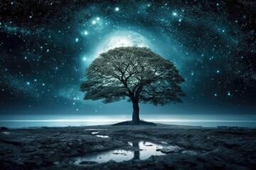 Fototapeta na wymiar solitary tree standing under a starry night sky in an empty field. Generative AI