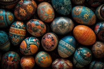 Fototapeta na wymiar stack of brightly colored painted eggs. Generative AI