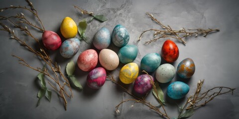 Multi colored Easter eggs on a gray background, top view. The concept of the Easter holiday. AI generated
