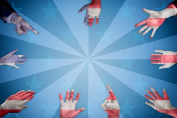 Deurstickers Human hand gesturing against starry background © vectorfusionart