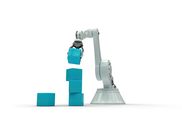 Illustration of robot hand arranging blue boxes in stack