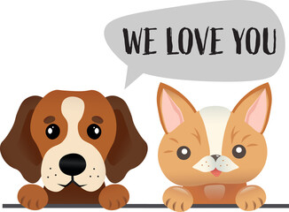 Cute Cat and Dog with I love you text on speech bubble