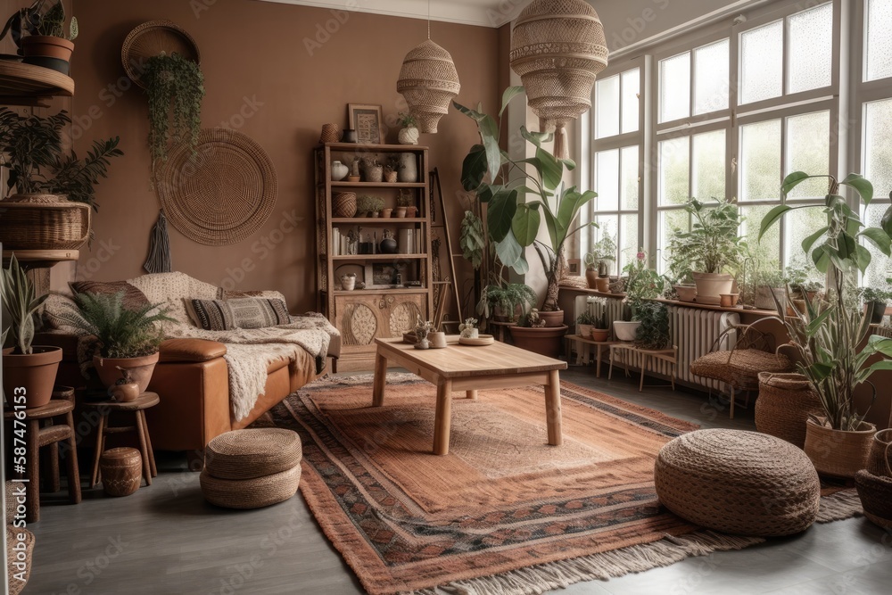 Poster Boho living room with brown sofa and window cushions. Green houseplants in clay pots, plaid wicker basket, and floor mat inside. Generative AI