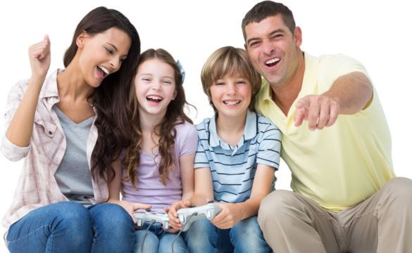 Happy family playing video game