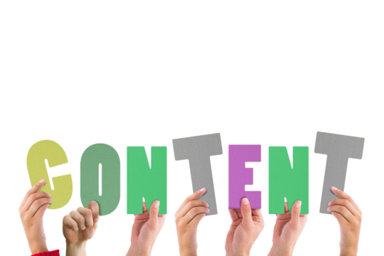 Colorful alphabet spelling content held up by people 