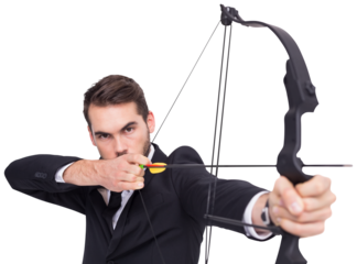 Smart businessman practicing archery looking at camera