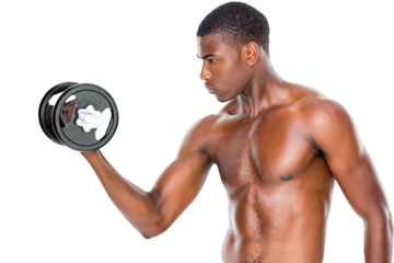 Serious fit shirtless young man lifting dumbbell