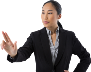 Businesswoman pressing an invisible virtual screen