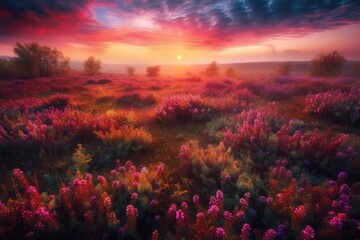 Pink and purple field, fantastical setting, multicolored sky above the meadow of pink flowers. magnificent sunrise serving as, as series of original pictures Nature has color. Generative AI