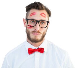 Fototapeta premium Geeky hipster with kisses on his face