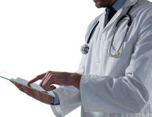 Mid-section of male doctor using glass digital tablet